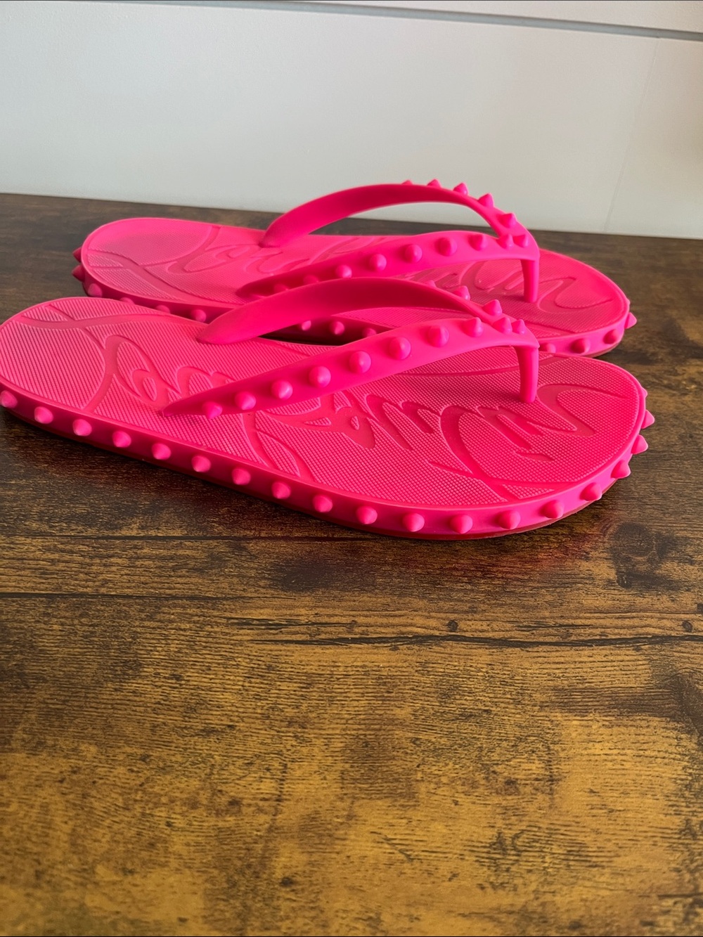Christian Louboutin Neon Pink and Red Studded Flip Flops Size 38 - Picture 7 of 14